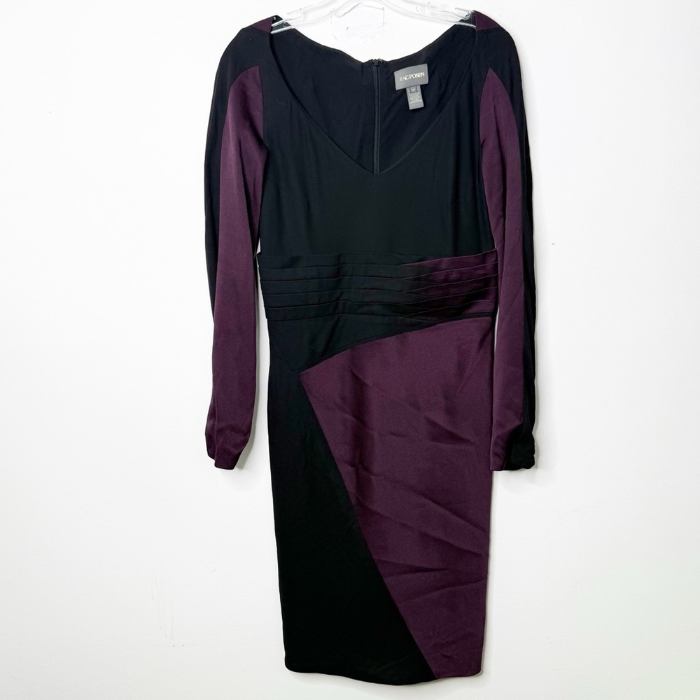ZAC POSEN | Silk Black & Plum Purple Colorblock V-Neck Sheath Dress Sz. 10 - Picture 2 of 4